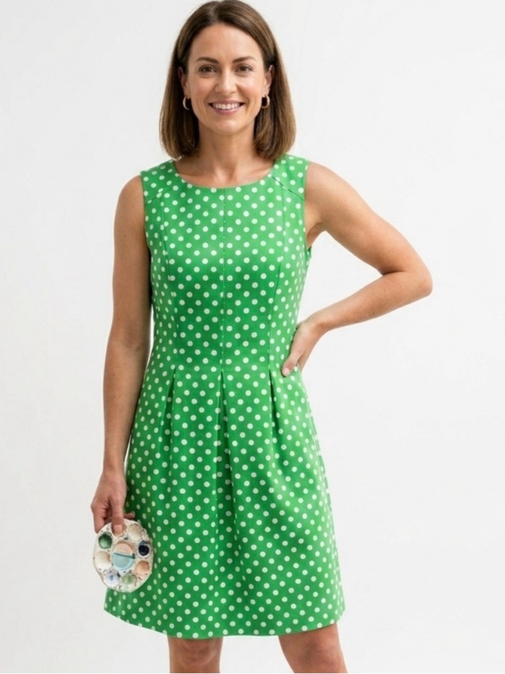 CB Green White Polka Dot Fit & Flare Pocket Dress Sleeveless Sz 10